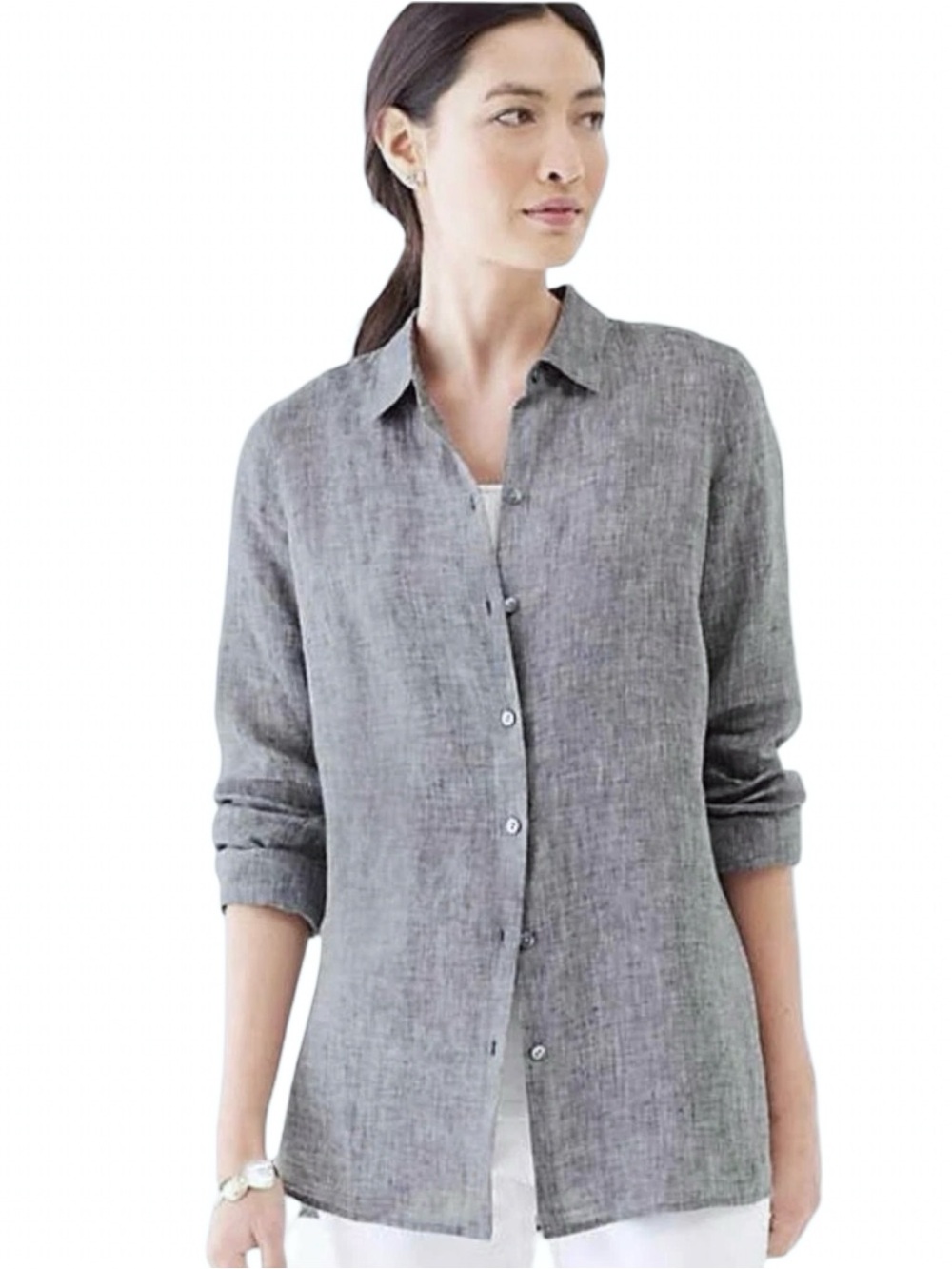 J. Jill Love Linen Essential Grey Button-Down Shirt Size Large